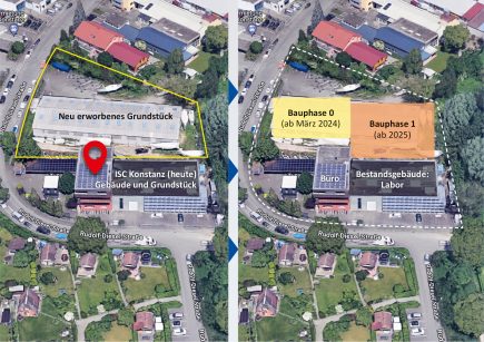 Bestehende und neue Institutsgebäude aus Satellitenbildern mit den Bauphasen: Bauphase 0 ab März 2024 und Bauphase 1 ab Anfang 2025
