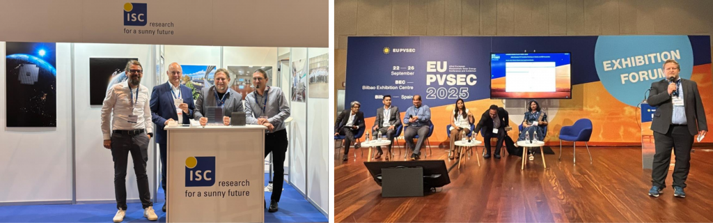 Links: Messestand des ISC Konstanz e.V. auf der EU PVSEC Konferenz & Messe 2025 in Bilbao und rechts: Dr. Radovan Kopecek steht vor den Sprechern eines Panels in einem Industrieforum