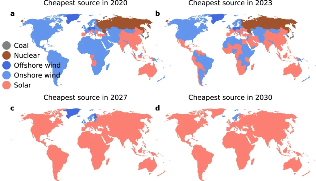Weltkarten zeigen die Stromerzeugungstechnologie mit den niedrigsten modellierten Stromgestehungskosten in 70 Weltregionen für 2020, 2023, 2027 und 2030. Solarenergie wird im Zeitverlauf in immer mehr Regionen zur günstigsten Technologie.